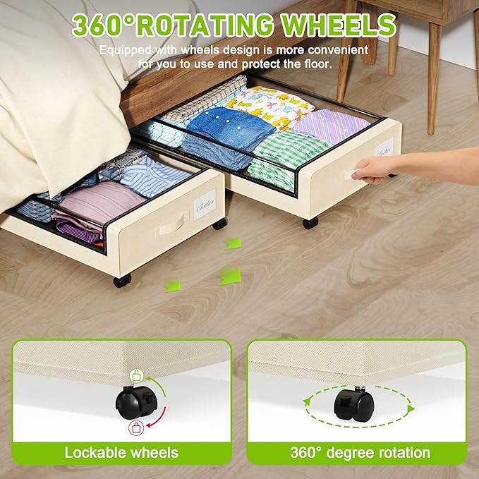 Under Bed Storage with Wheels, XXL 60L Under the Bed Storage Bins, 2-Pack Beige