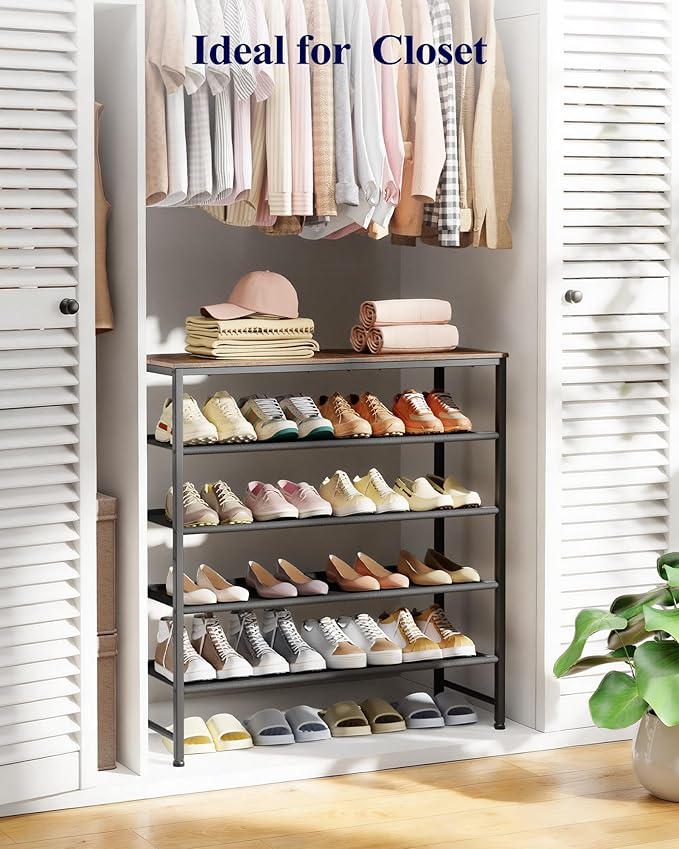 Kitsure 5-Tier Shoe Rack for Entryway - Space-Saving Shoe Rack Organizer with Wooden Top, Metal Frame Shoe Storage for Closet, Holds 15–20 Pairs, 29.5" x 11.4" x 31.1"