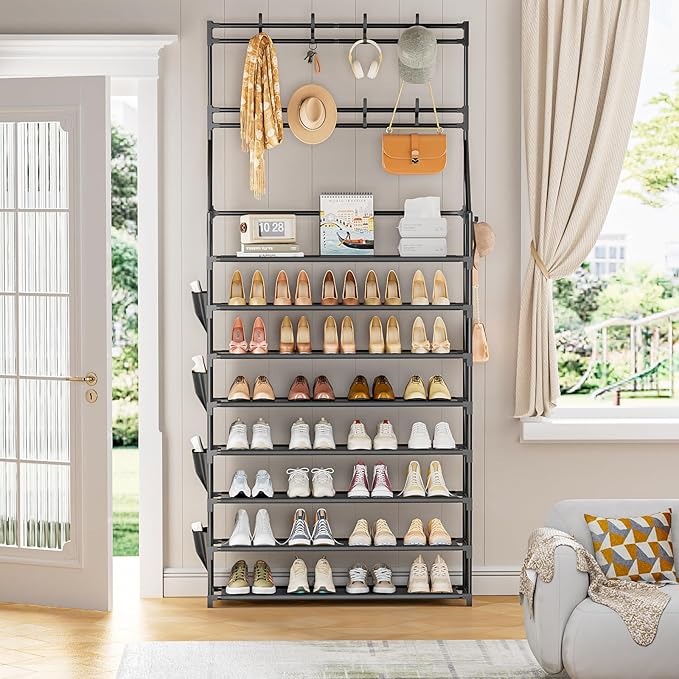 OYREL Shoe Rack 8 Tier Large Shoe Organizer Storage 32-40 Pairs Metal Shoe Storage Rack with Hooks and Side Pocket for Entrance Entryway Closet Shoe Shelf Holder