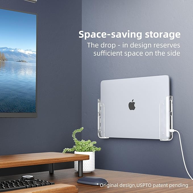 ELETIUO Clear Wall & Under Desk Laptop Mount Holder–Adhesive & Screw in,1.02"/ 26 mm,Anti-Scratch Pads,Universal for MacBooks,Surface,Keyboards,Tablets,Switch &More