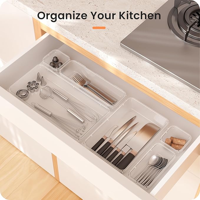 A-LuGei 【Military Grade Drawer Organizer, 【𝟱𝗦𝗶𝘇𝗲】 Makeup organizer, 【Holds 177 Items】 Bathroom Organizers and Storage, Organization and Storage, Desk Drawer Organizer for Vanity (Clear)