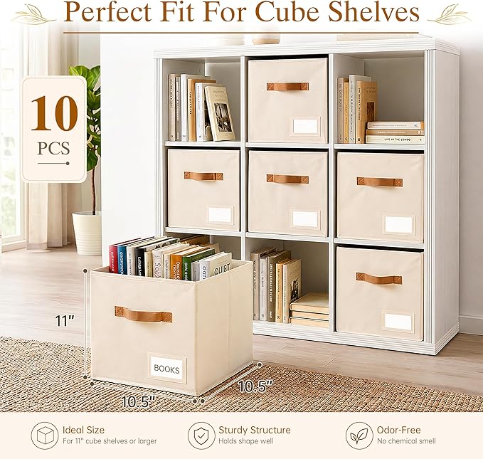 Storage Cubes 10 Pack, 11 Inch Fabric Storage Cubes Organizer Bins with Labels, Odor-Free & Sturdy PP Structure, Cubby Baskets for Closet, Shelves, Toys & Nursery (Beige)