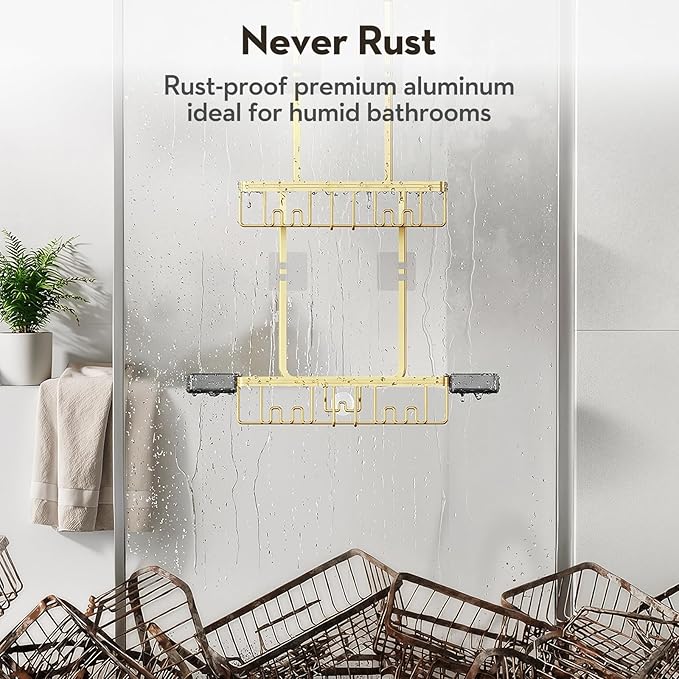 Over the Door Shower Caddy Hanging With Double Soap Holder Never Rust Aluminum Shower Shelf With 4 Hooks Hanging Bathroom Organizer No Drilling Shelves for Bathroom Storage Gold