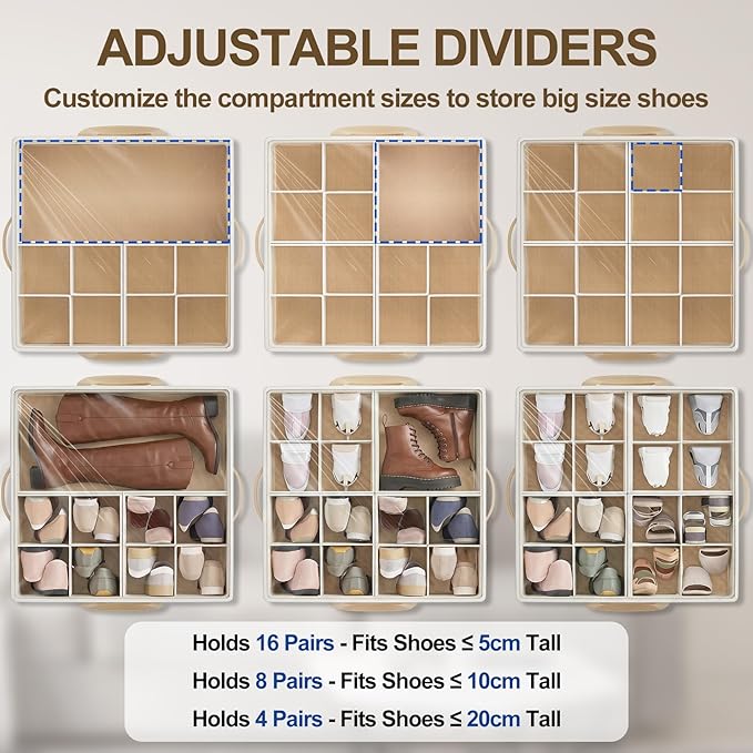 Large Shoe Organizer for Closet, Adjustable Dividers Shoe Storage Box Bins with Wheels Clear Cover Reinforced Handle Fits up to 16 Pairs, Foldable Shoe Organizer for Entryway Beige