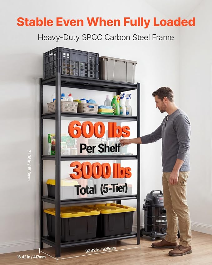 VEVOR Storage Shelves, 5-Tier Adjustable, 3000 lbs Capacity, Heavy Duty Garage Storage Shelving Unit, Metal Utility Rack Shelf, for Garage Warehouse Basement Kitchen, 36.42" W x 16.42" D x 71.38" H