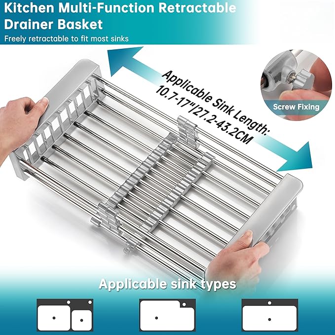Dish Drying Rack, Over The Sink Dish Drying Rack, Stainless Steel Dish Drainer with Adjustable Arms Holder Functional Kitchen Sink Organizer for Vegetable and Fruit