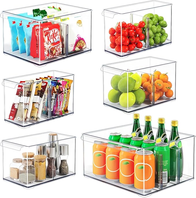 Clear Plastic Storage Bins with Dividers for Fridge Pantry Organizers, C6-3