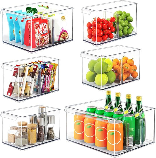 Clear Plastic Storage Bins with Dividers for Fridge Pantry Organizers and Storage Containers, 6 Pack Acrylic Stackable Sturdy Storage Boxes for Home Edit and Cabinet Organizers 6" High, C6-3