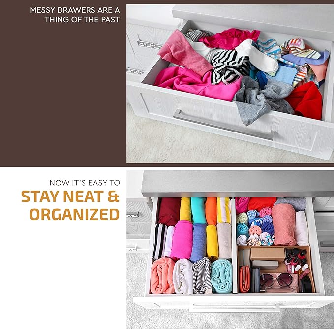 6-Pack Drawer Dividers - 2.6 Inches High, Adjustable 16 to 22 Inches Bamboo Drawer Organizer, Large Expandable Separator for Clothes, Dresser, Bedroom, Bathroom, Baby, Office, Kitchen Utensils, White