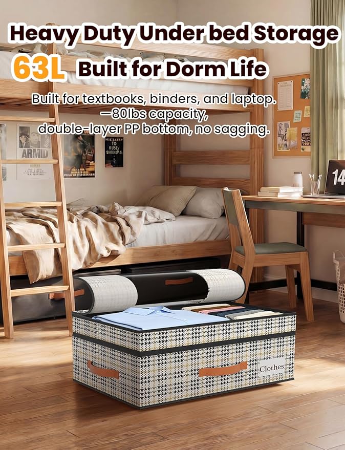 TOSKING 2-Pack Under Bed Storage Drawers with Wheels, 6 Vacuum Bags, Adjustable Height 7.9-10.2", 63L/80 lbs Clear Lid Rolling Bin, 900D Oxford, Space Saver for Dorm Bedroom Clothes Shoes, Houndstooth