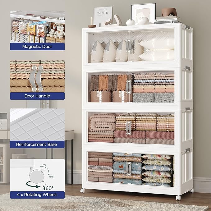 160Gal/640QT 4-Tiers Extra Large Stackable Storage Bins with Lid, Collapsible Cabinet Closet Organizer Plastic Container Box with Wheels Doors Drawers for Office Dorm Kitchen, White