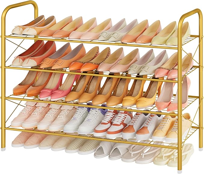 Hoctieon 4 Tier Mesh Style Shoe Rack, Entryway Shoe Shelf, Shoe Storage Organizer, Shoe Rack for Closet, Space Save for Bathroom, Garage, Hallway, Bedroom, Living Room, Gold