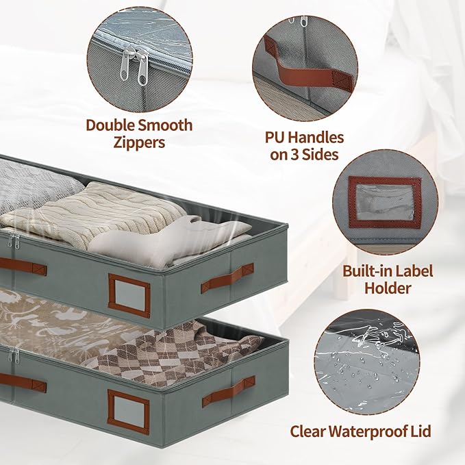4 Inch Under Bed Storage Containers, 2 Pack Large Underbed Storage Bins w/Clear Lid & Sturdy Sidewall, Foldable Closet Organizer for Dorms, Bedroom, Clothes, Shoes, Bed Sheets, Blankets (Grey)