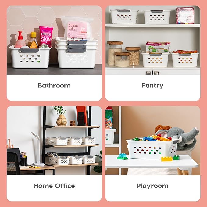 IRIS USA Plastic Storage Baskets, 12-Pack, Made in USA, Shelf Baskets Small Baskets Organizing Bins For Pantry Countertops Closet Shelves Office, Muti-Purpose, Nestable, Easy Carry, White