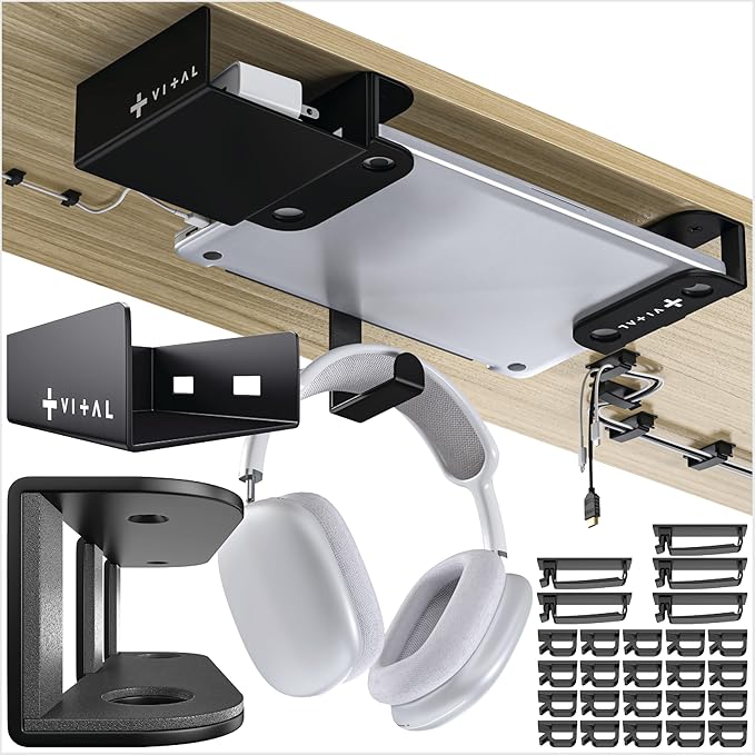 VI+AL Under Desk Laptop Mount - Hidden Metal Shelf with Side Storage, Hook & Cable Organizer - Installs with Tape & Screws - Fits Devices up to 1.7" Thick - Deluxe