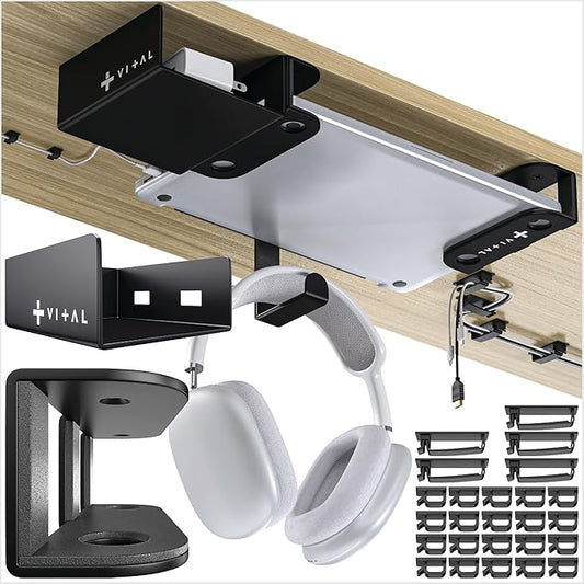 VI+AL Under Desk Laptop Mount, Hidden Metal Shelf with Side Storage, Deluxe