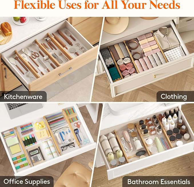 2.4" High 8 Pack Bamboo Drawer Dividers 45-55cm/17.5-22" Adjustable Wooden