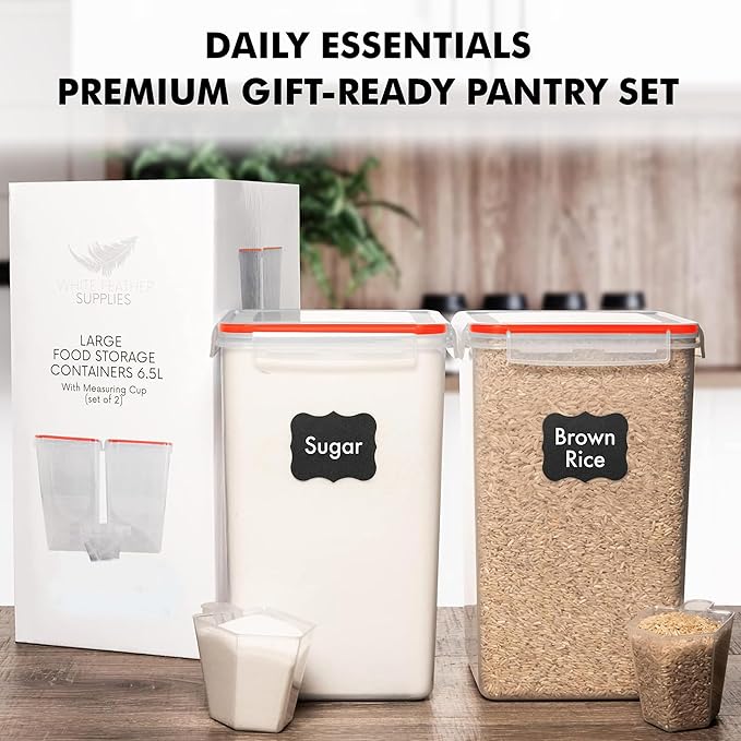 WHITE FEATHER SUPPLIES 2 PC [7 Qt / 6.5L / 220 Oz] Large Food Storage Containers with Lids Airtight - BPA Free Clear Plastic Kitchen and Pantry Storage Containers for Cereal, Flour, Sugar, Rice