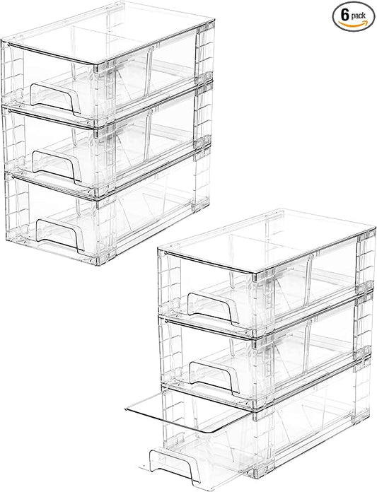6 Pack Stackable Storage Drawers, Plastic Organizers Bins
