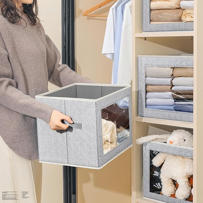 Homsorout Storage Bins with Lids, 3 Pack Large Storage Cubes with Window, Closet Bins with Lids & Handles, Fabric Box for Organizing Clothes, Towels, Books, Blended