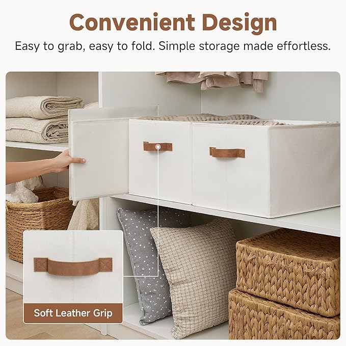 StorageWorks Foldable Storage Bins with PU Handles, Closet Storage Baskets, Fabric Bins for Clothes Storage, Ivory White, 3-Pack, Extra Large
