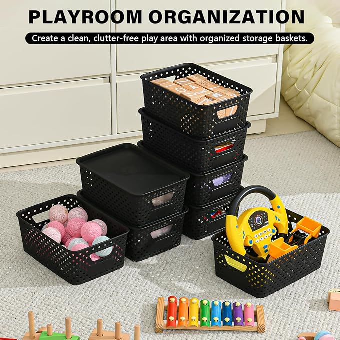 10 Pack Small Plastic Storage Bins with Lids, Stackable Plastic Storage Baskets for Organizing with Handles, Organizer Bins with Labels for Room, Craft, Containers for Pantry Organizers and Storage
