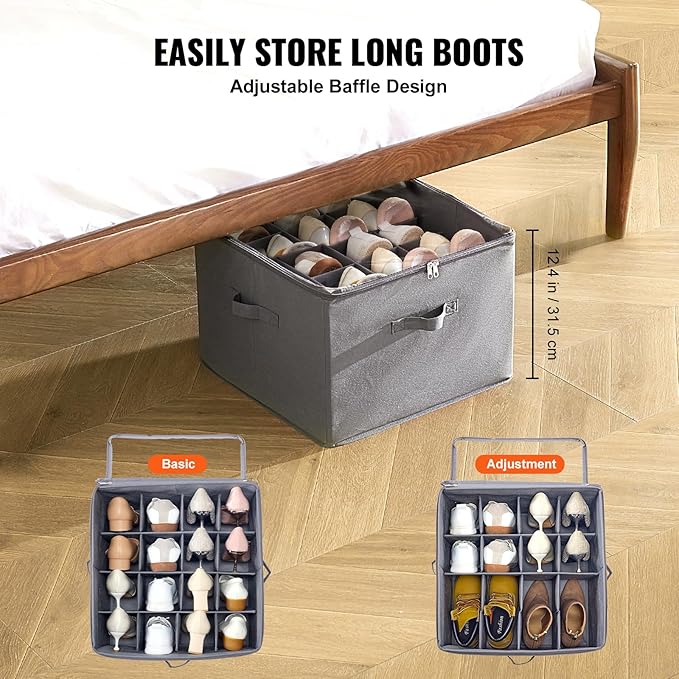 VEVOR Under Bed Shoe Storage Organizer, 1 Pack, 16 Compartments, Underbed Shoe Box Storage Containers Adjustable Dividers, Sandal Organizer Storage with Clear Window, Breathable, Reinforced Handles