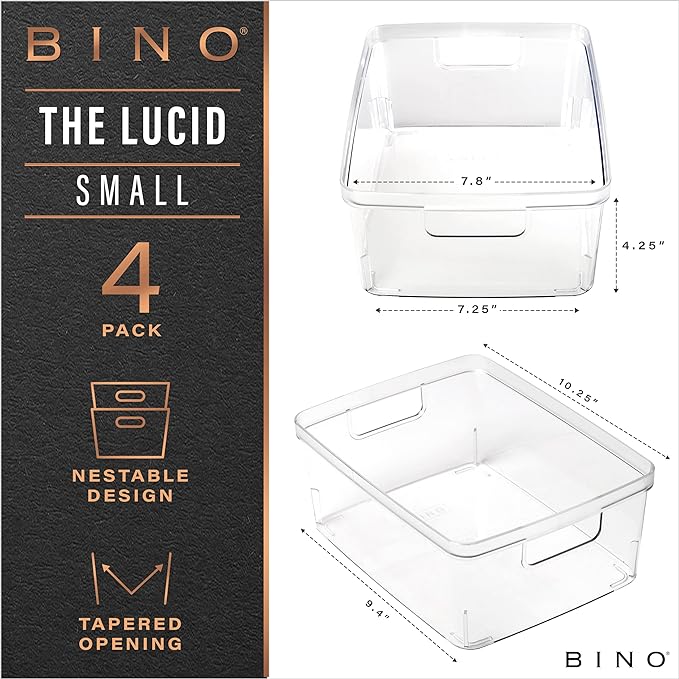 BINO Plastic Storage Containers, Small - 4 Pack THE LUCID COLLECTION, Multi-Use Organizer Bins Built-In Handles BPA-Free Clear, Fridge, Pantry & Home Organization