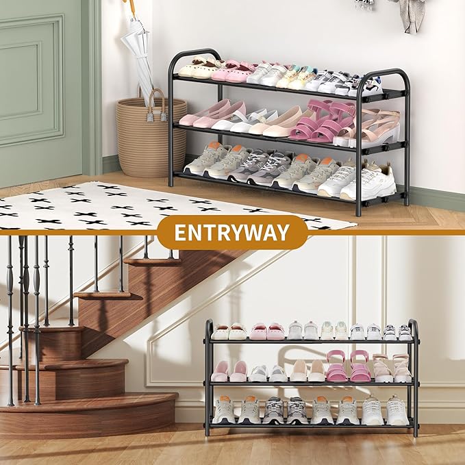 Hleelomi 3-Tier Expandable Shoe Rack,Adjustable Shoe Shelf Storage Organizer Heavy Duty Metal Free Standing Shoe Rack for Entryway, Closet,Living Room,Dorm,Black