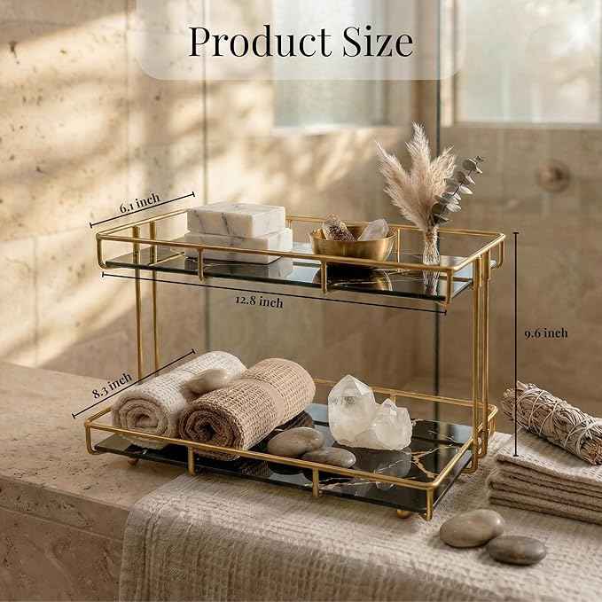 2-Tier Black Marble Bathroom Countertop Organizer – Glass Shelves & Gold Metal Frame, Stylish Vanity Storage Shelf for Perfume, Skincare, Makeup & Toiletries