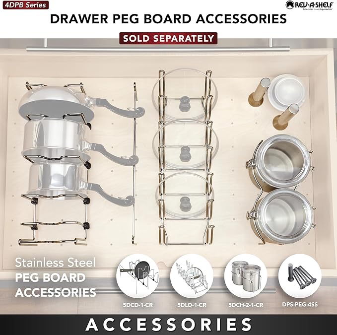 Rev-A-Shelf Trimmable Pegboard Drawer Divider Organizer, Trim to Custom Fit Wooden Kitchen Cabinet Storage Utensil, Pots & Dish Rack, 30" x 21", 4DPS-3021
