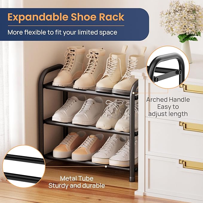 ENJOYBASICS 3 Tier Expandable Shoe Rack for Closet, Free Standing Metal Shoe Shelf Storage Organizer Holder 12 Pairs, Adjustable Width Shoe Rack for Entryway Small Space, Black | Adjustable