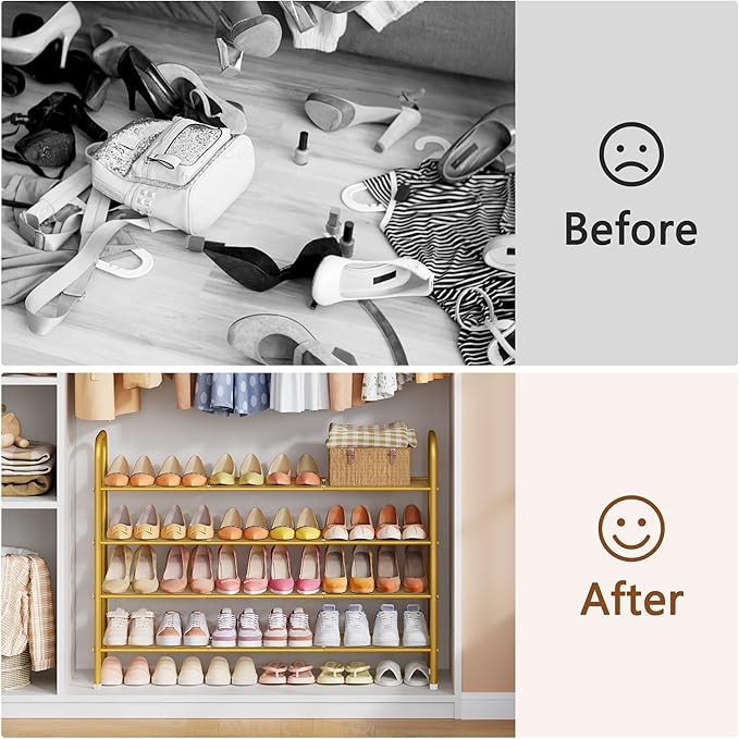 Hoctieon 4 Tier Mesh Style Shoe Rack, Entryway Shoe Shelf, Shoe Storage Organizer, Shoe Rack for Closet, Space Save for Bathroom, Garage, Hallway, Bedroom, Living Room, Gold