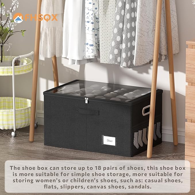 Shoe Organizer for Closet, Shoe Box Storage Containers Fit 18 Pairs Foldable Shoe Storage Bins with Clear Cover & Adjustable Dividers for Shoes Blankets Linen Clothing (Black, (24.4*16.5*12.9)x1)