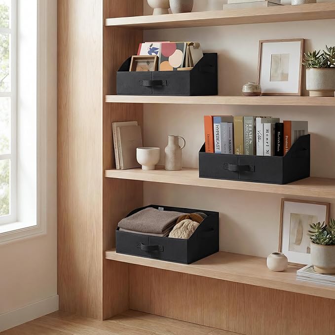 GRANNY SAYS Trapezoid Storage Bins, Closet Shelf Organizer, Closet Organizers and Storage, Storage Baskets for Shelves, Clothes, Toys, Towels, Black, 3-Pack