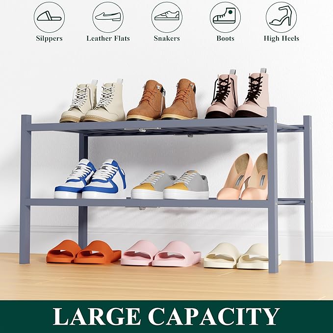 Smiry Bamboo Shoe Rack, 2 Tier Free Standing Wooden Shoe Organizer, Stackable Wood Shoe Storage Shelf for Closet, Entryway, 14 Vertical Slats, One-piece Heavy-Duty Legs, 26.8"x11"x13", Grey