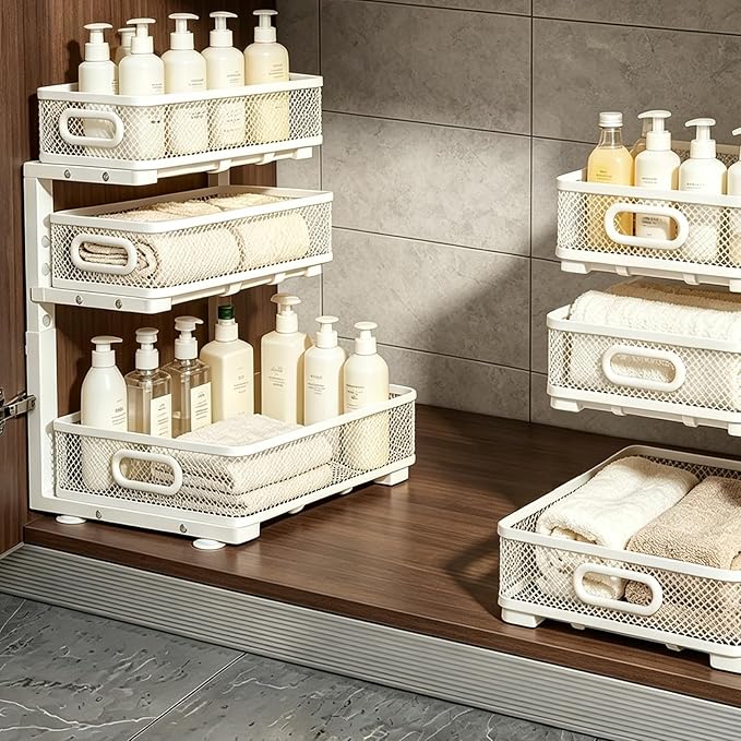 1 Pack 3 Tier Under Sink Organizer, Height Adjustable Heavy Duty Metal Under Cabinet Drawer Pull Out Shelf with Smooth Silent Sliding Design, Organizer and Storag Rack for Kitchen, Bathroom, White