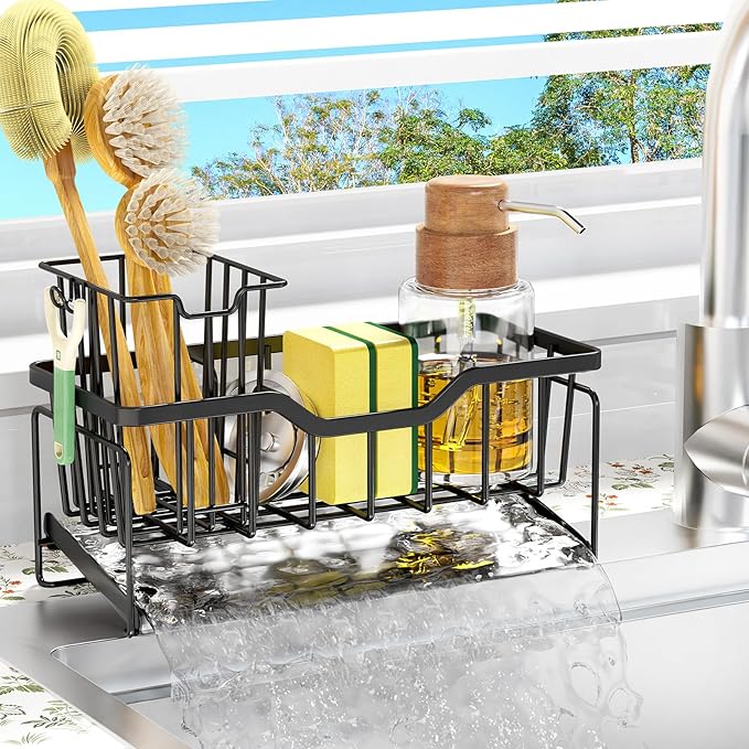Kitchen Sink Caddy Organizer, Rustproof Sponge Holder for Kitchen Sink, Black