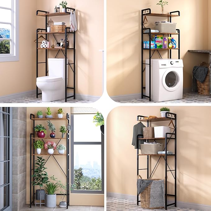 Huhote Over The Toilet Storage Rack with 3-Tier Bathroom Shelves, Space Saver Toilet Shelf, Bathroom Storage Organizer with Hooks for Over Toilet Storage and Shelf (Rustic Brown)