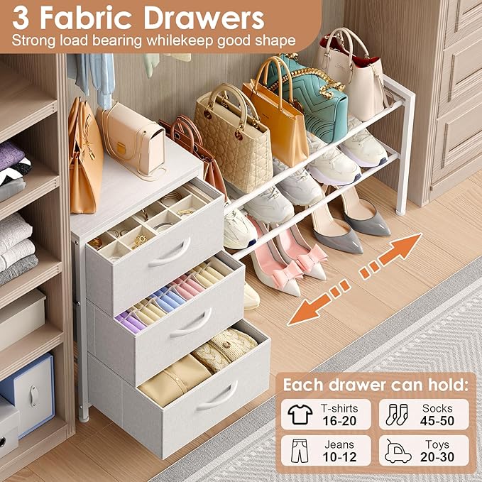 Cidaziya Expandable Closet Organizers and Storage, White Fabric Storage Dresser, 3 Drawer Dresser, Clothes Shelves for Kids, Purse Organizer Small Shoe Rack for Closet Bedroom(31.29~43.42 in)