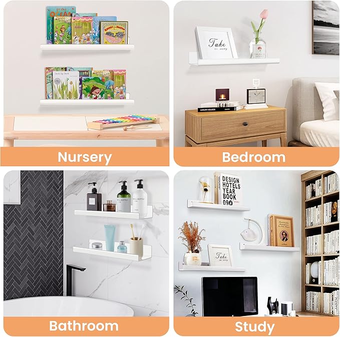 upsimples Acrylic Shelves for Wall Decor, 15" Display Shelf Perfume Organizer for Bathroom, Bedroom, Living Room, Floating Bookshelves for Kids, White, 4 Pack | for Kids