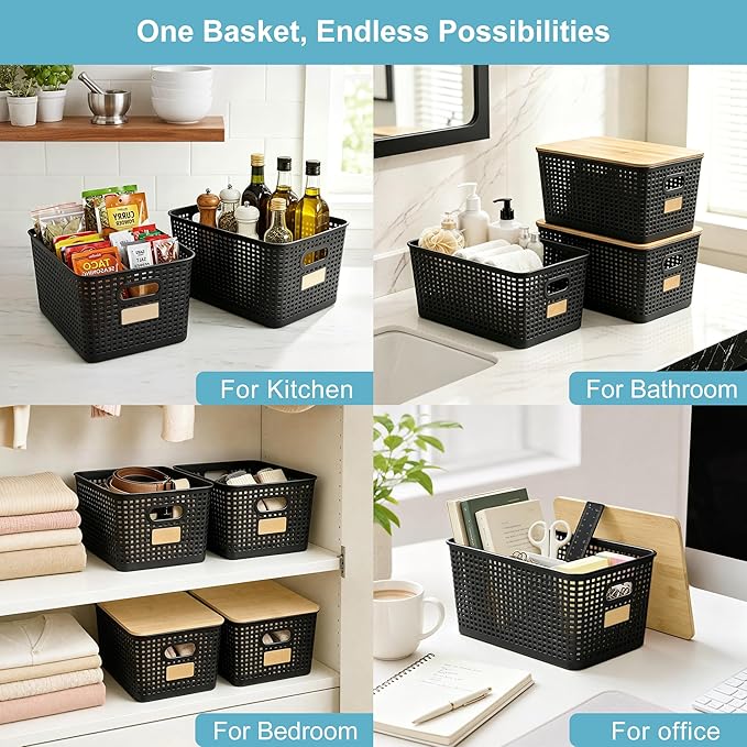 2 Pack Tall Plastic Storage Bins with Bamboo Lids, Black