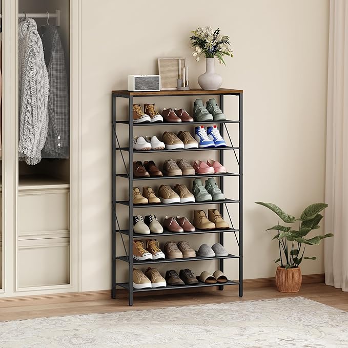 MAHANCRIS 8 Tier Shoe Rack Organizer for Closet, Holds 28-32 Pairs, Tall Metal Shoe Storage Shelf for Entryway Bedroom, Sturdy Freestanding Shoe Rack Space Saving, Large Capacity, Rustic Brown