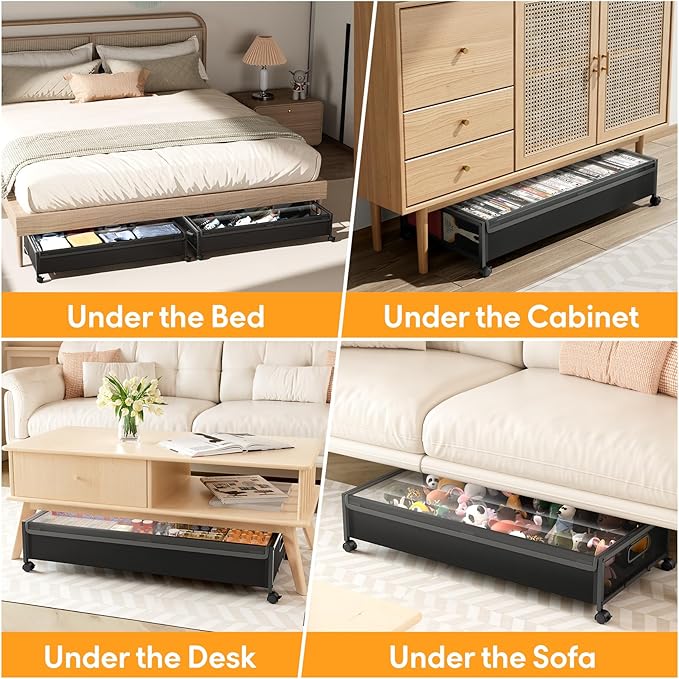 Under Bed Storage Containers with Wheels 2 Pack Underbed Shoe Storage Bedroom Storage Bins Organizer Large Capacity Under Bed Storage with Lid for Clothes Shoes Toys Blankets (Black)