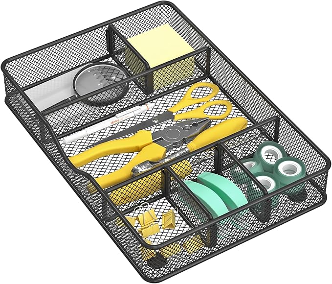 VyGrow Desk Drawer Organizer Tray, Metal Mesh Drawer Organizer for Office & Home, 6 Adjustable Compartments, Black, 2 Pack - 12.87x8.73x1.96 inch