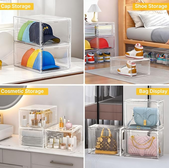 Stackable Clear Pink Shoe Boxes 6 Pack with Magnetic Door, Drop Front Sneaker Storage Organizer for Closet, Large Transparent Plastic Shoe Storage Containers