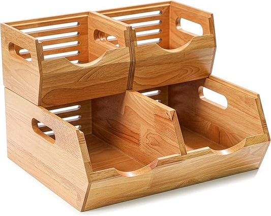 Stackable Solid Wood Storage Bins for Pantry & Countertop, Natural Wood