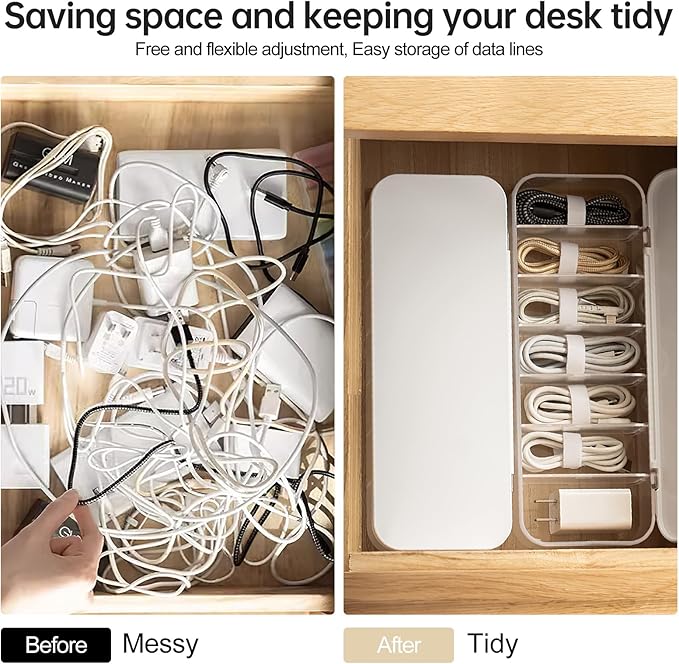 PAVSTINE Cable Organizer Storage Box with 7 Wire Ties,Desktop Cable Management Box with Lid,Power Cord Organizer with 7 Compartments for Office,Home,Desk Accessories Storage Stationery Supplies White