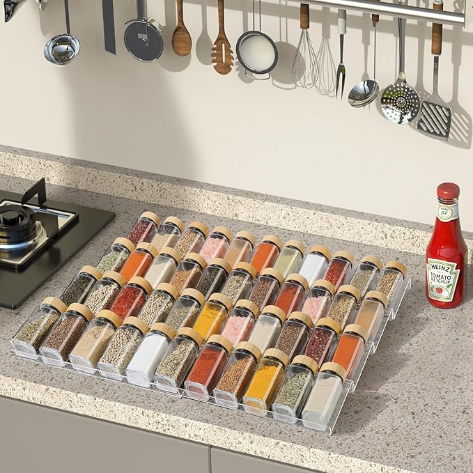 Suneerplay Spice Drawer Organizer 8 Tier, Acrylic Seasoning Organizer Rack, Clear Spice Rack Tray, Kitchen Seasoning Jars Drawers Insert (Jars Not Included/Expandable From 13" to 26")