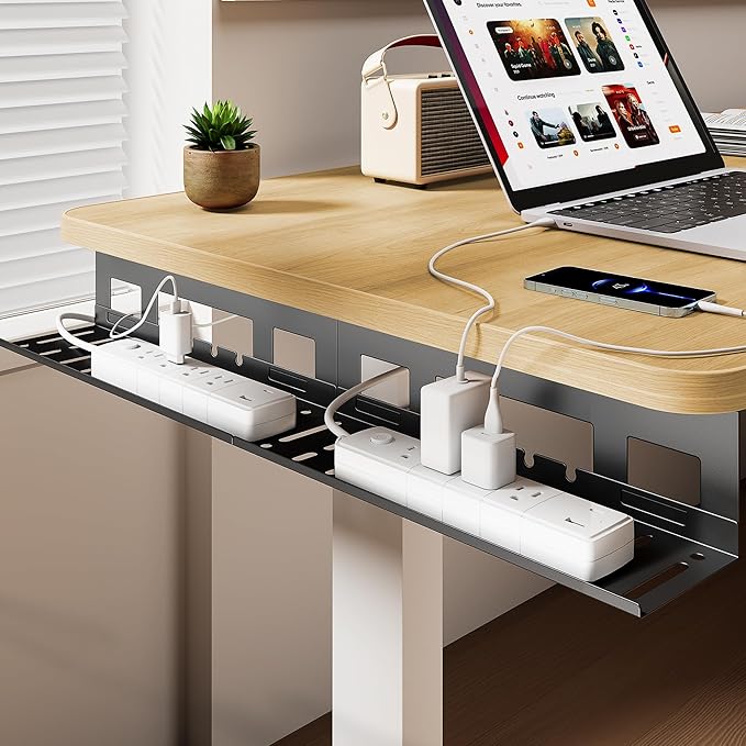 PEGZONE Under Desk Cable Management Tray, 31.5 Inches Metal Cord Organizer Rack, Desk Tray for Power Strip, Cord, Wire, Easy Mounting Cable Management Under Table for Home Office, Black